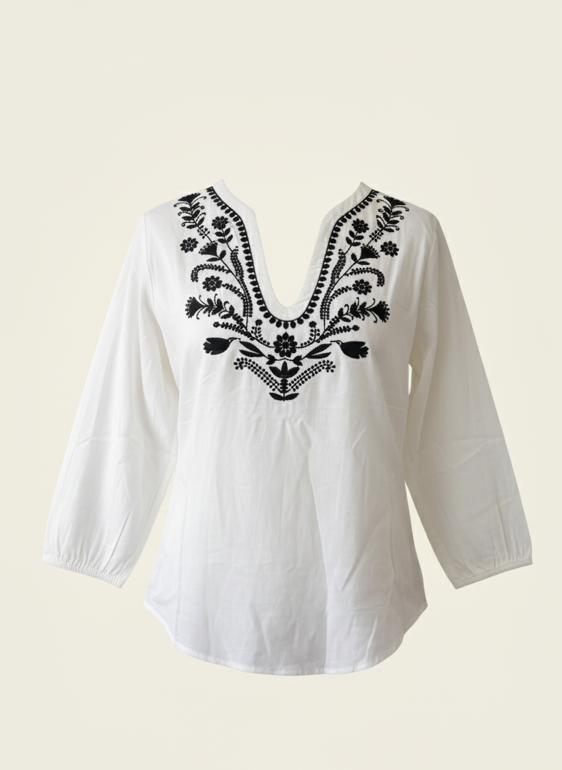 White blouse with black embroidery on a beige background