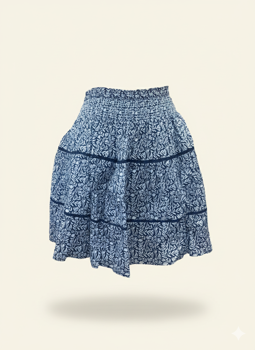 Blue floral tiered skirt on a beige background