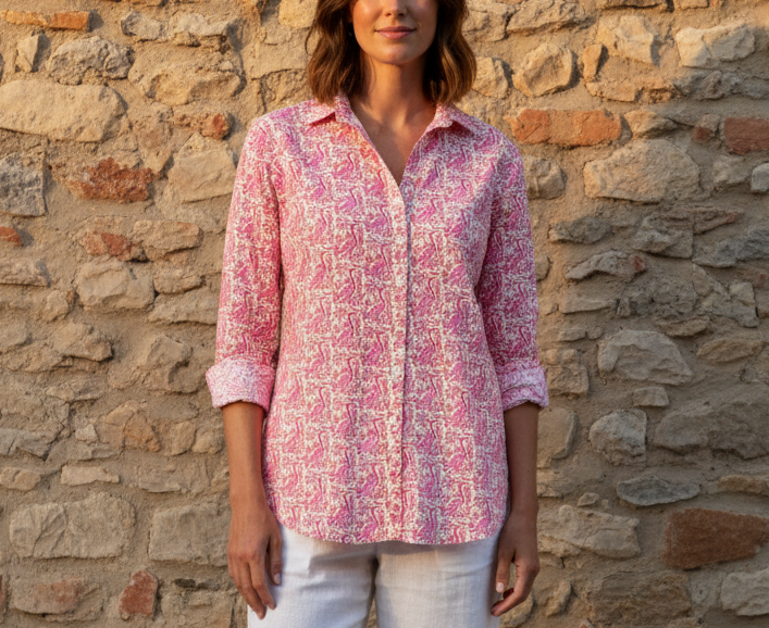 Woman wearing a pink patterned shirt and white pants standing against a stone wall.