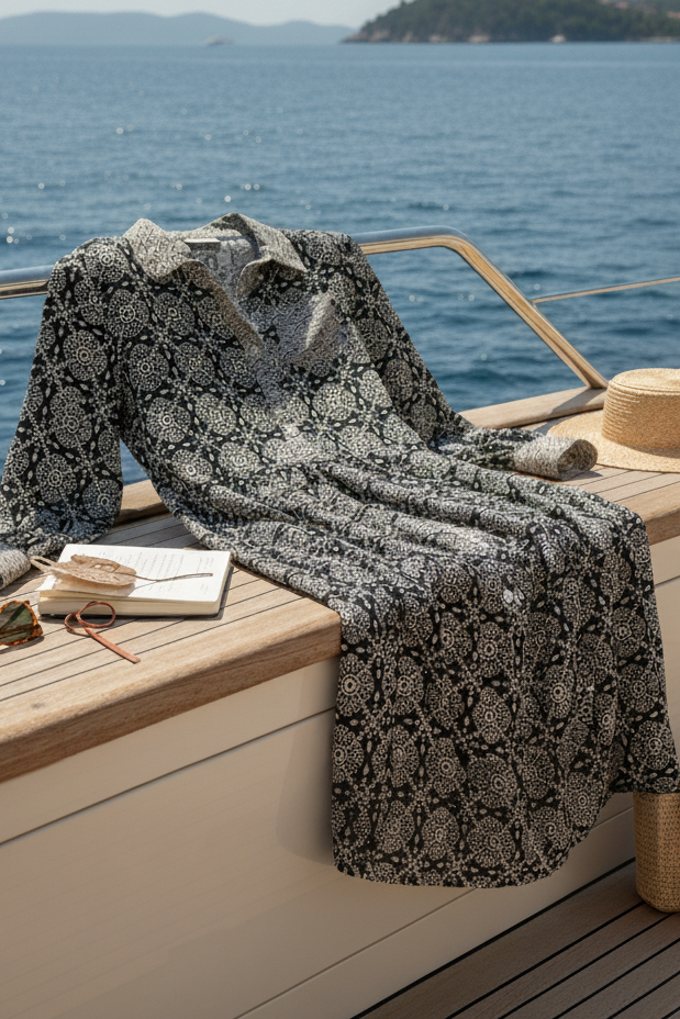 Shirtdress draped over a chair on a boat with ocean and island in the background