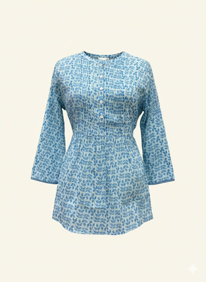 Blue floral blouse on a beige background