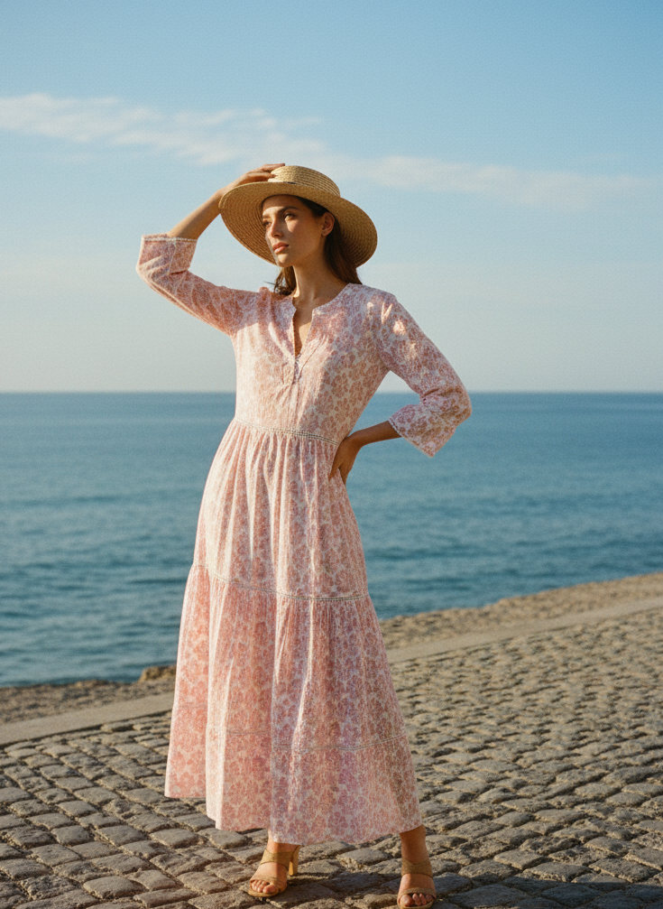 Woman in a pink floral dress and straw hat standing on a beach with ocean in the background