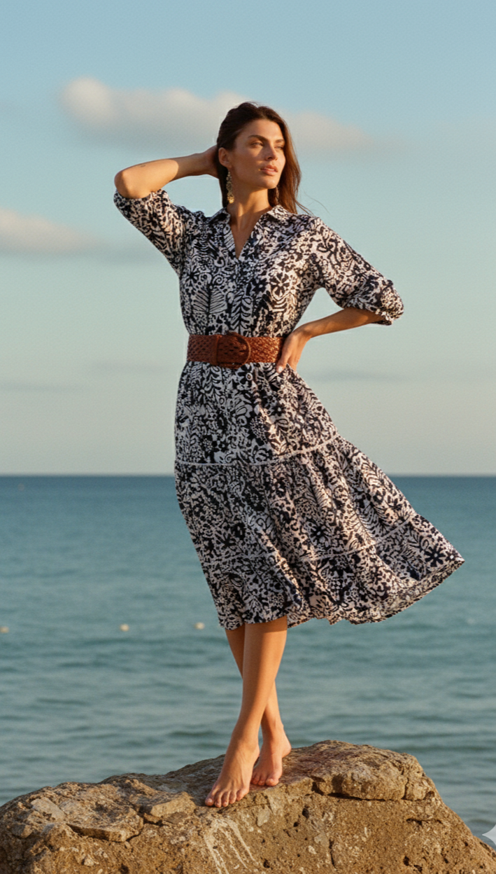 Woman in a patterned dress standing on a rock by the ocean