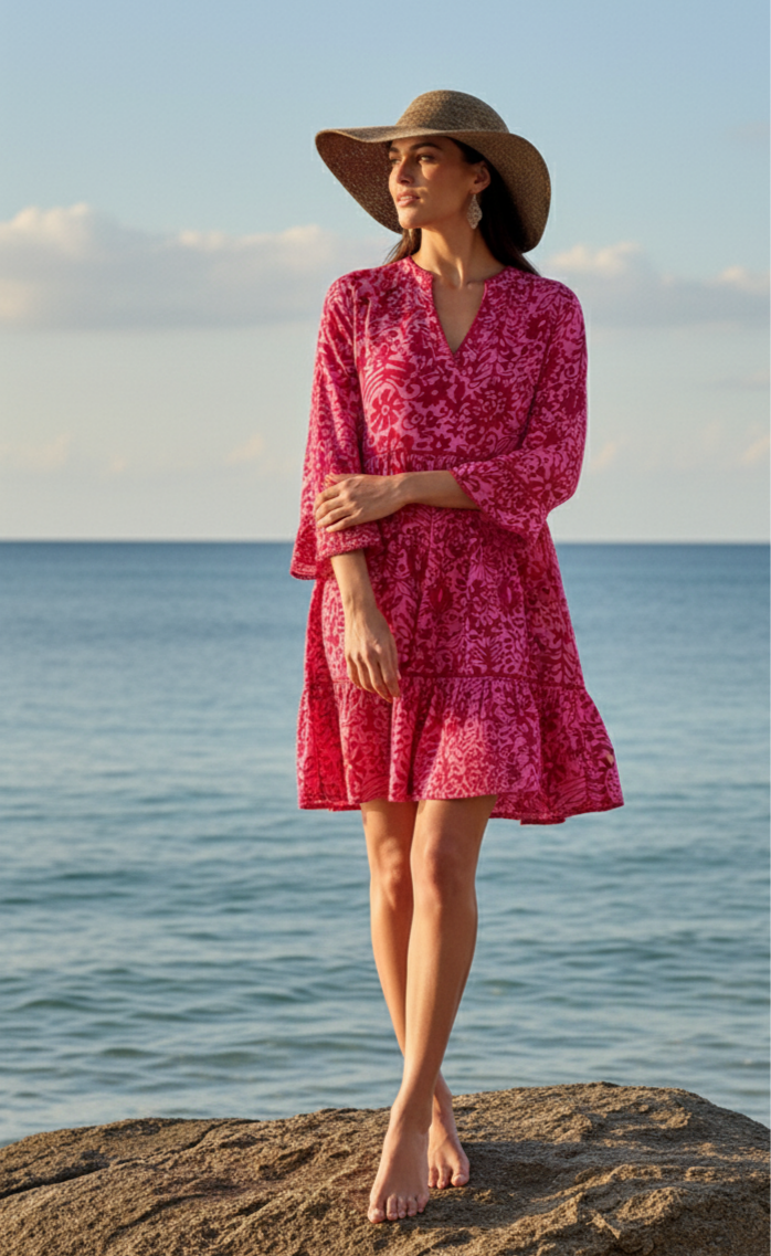 Woman in a red dress and hat standing on a rock by the ocean