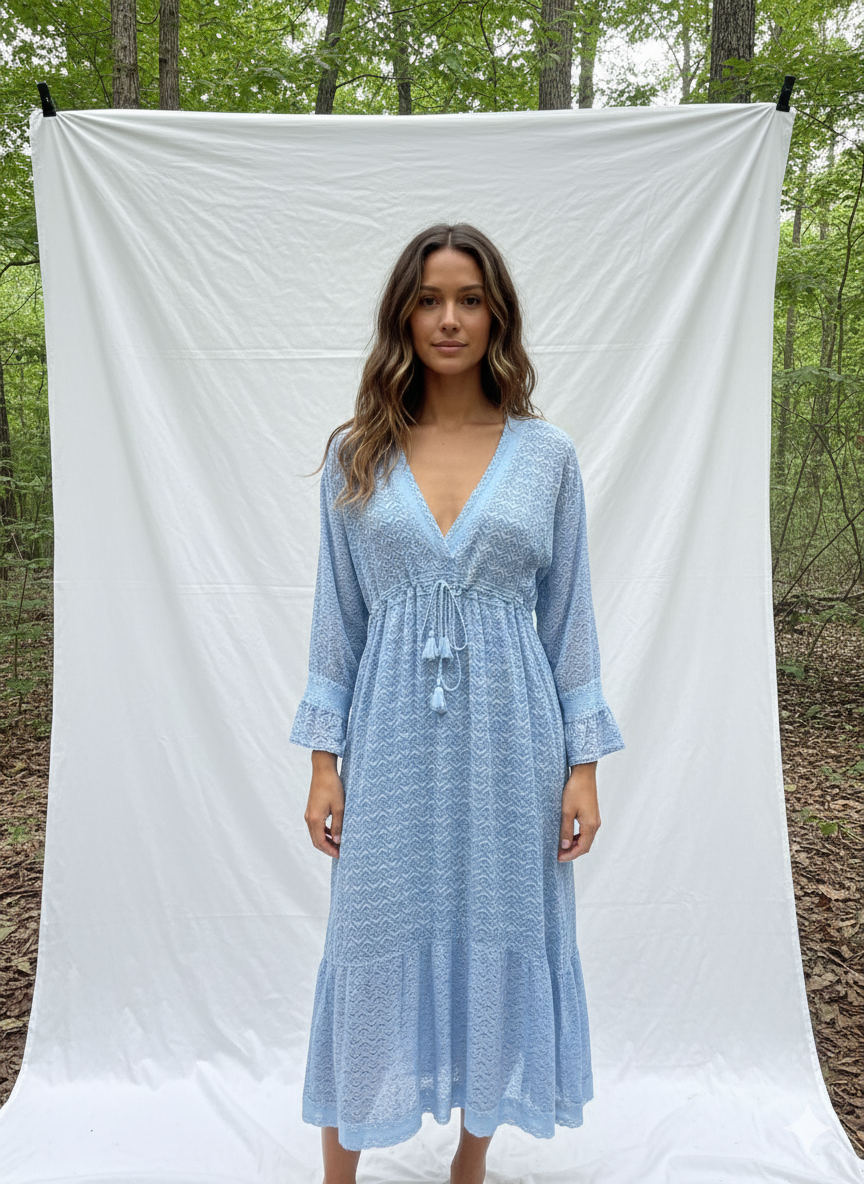 Woman wearing a blue dress standing in front of a white curtain with trees in the background