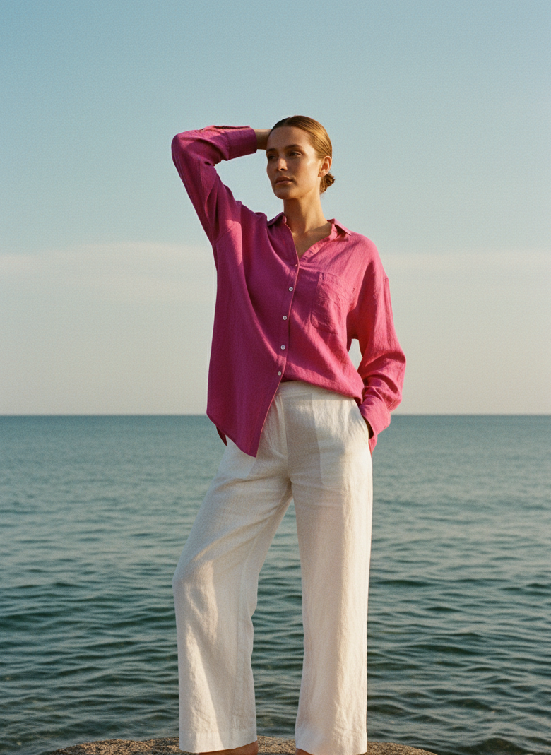 Woman in a pink shirt and white pants standing on a rock by the ocean