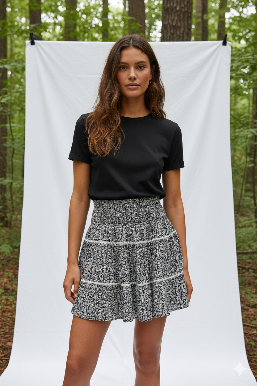 Woman wearing a black top and patterned skirt standing in front of a white backdrop with trees in the background