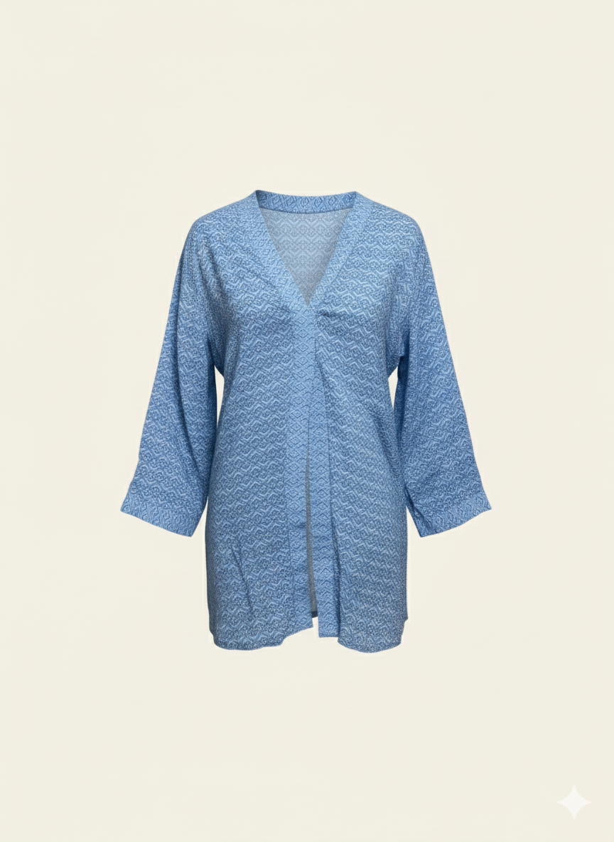 Blue printed kimono on a beige background