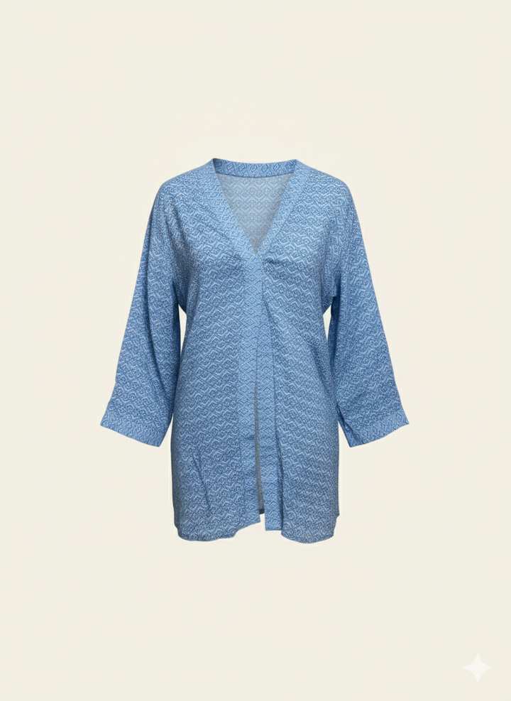 Blue printed kimono on a beige background