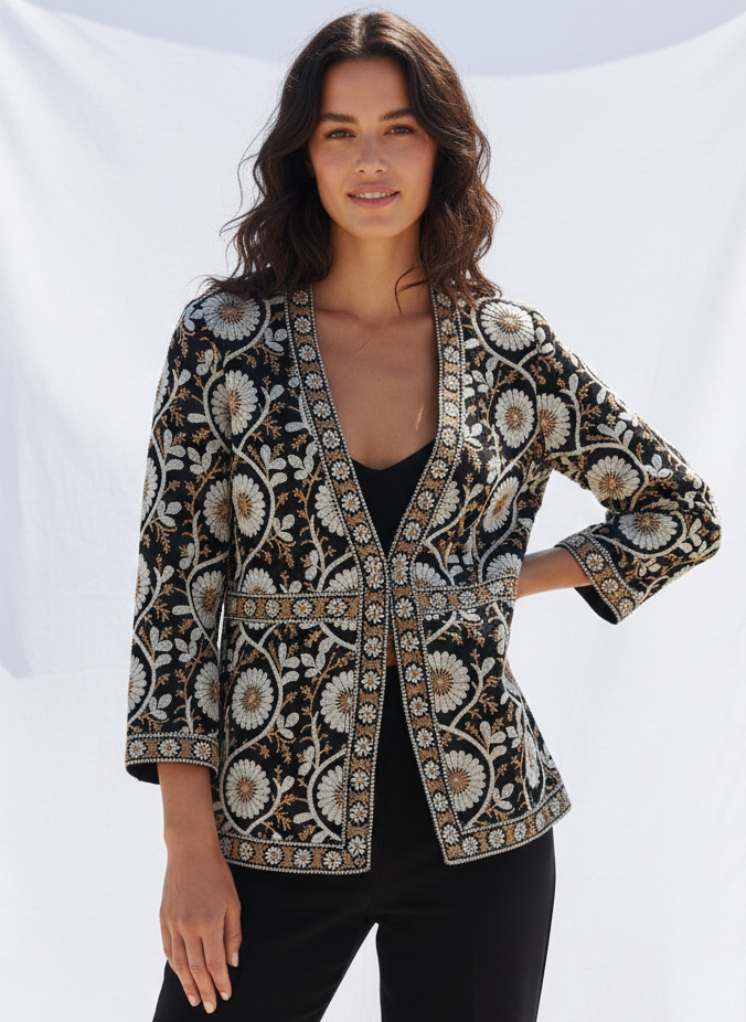 Woman wearing a patterned jacket on a beach