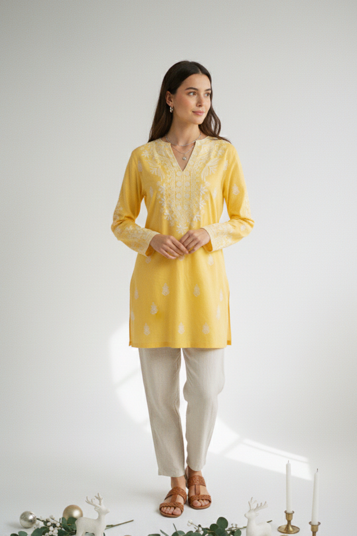 Woman wearing a yellow top with white polka dots and beige pants on a white background