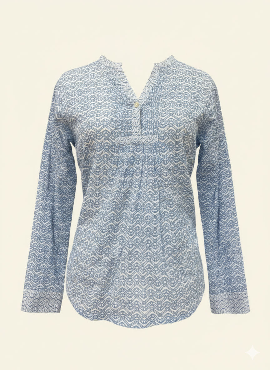 Blue patterned blouse on a beige background