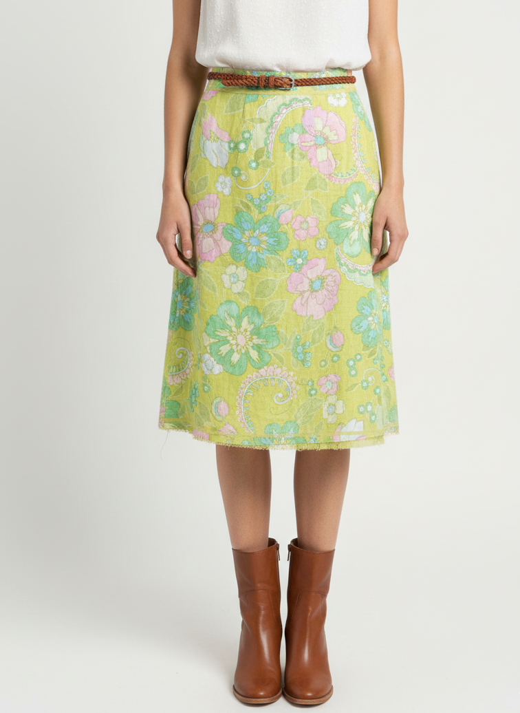 Person wearing a vintage sigrid olsen floral skirt with a white top and brown boots on a white background