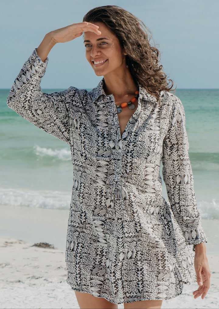 woman in dress or cover up style hand carved printed top 