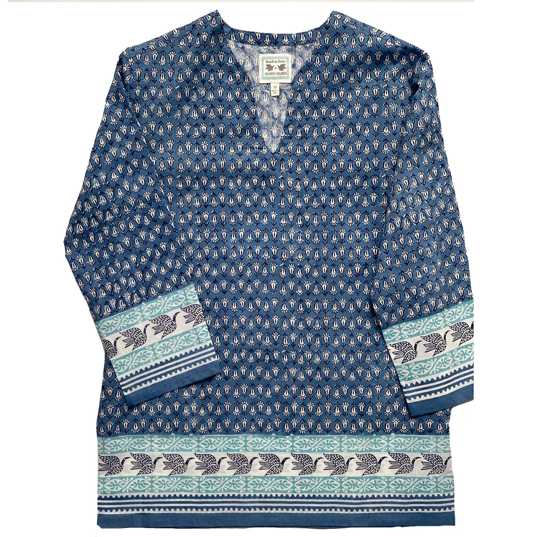 close up of navy tunic with original hand carved print by sigrid olsen