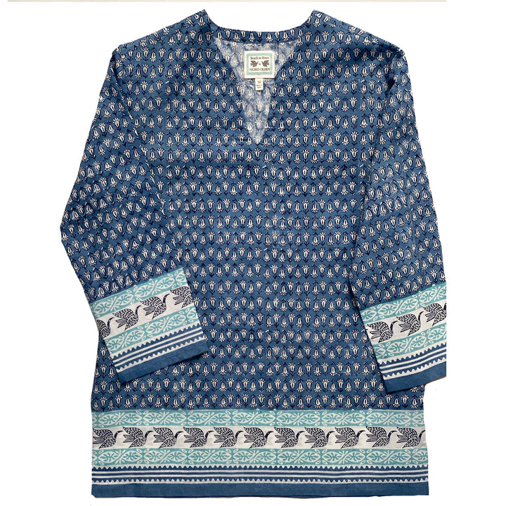 close up of navy tunic with original hand carved print by sigrid olsen