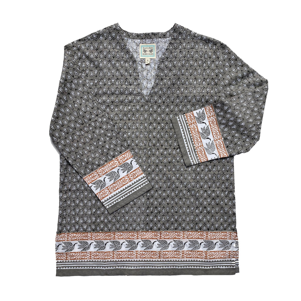 close up of tunic with original hand carved print by sigrid olsen