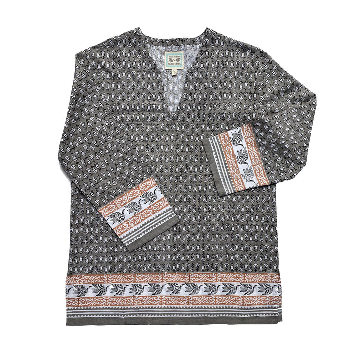 close up of tunic with original hand carved print by sigrid olsen