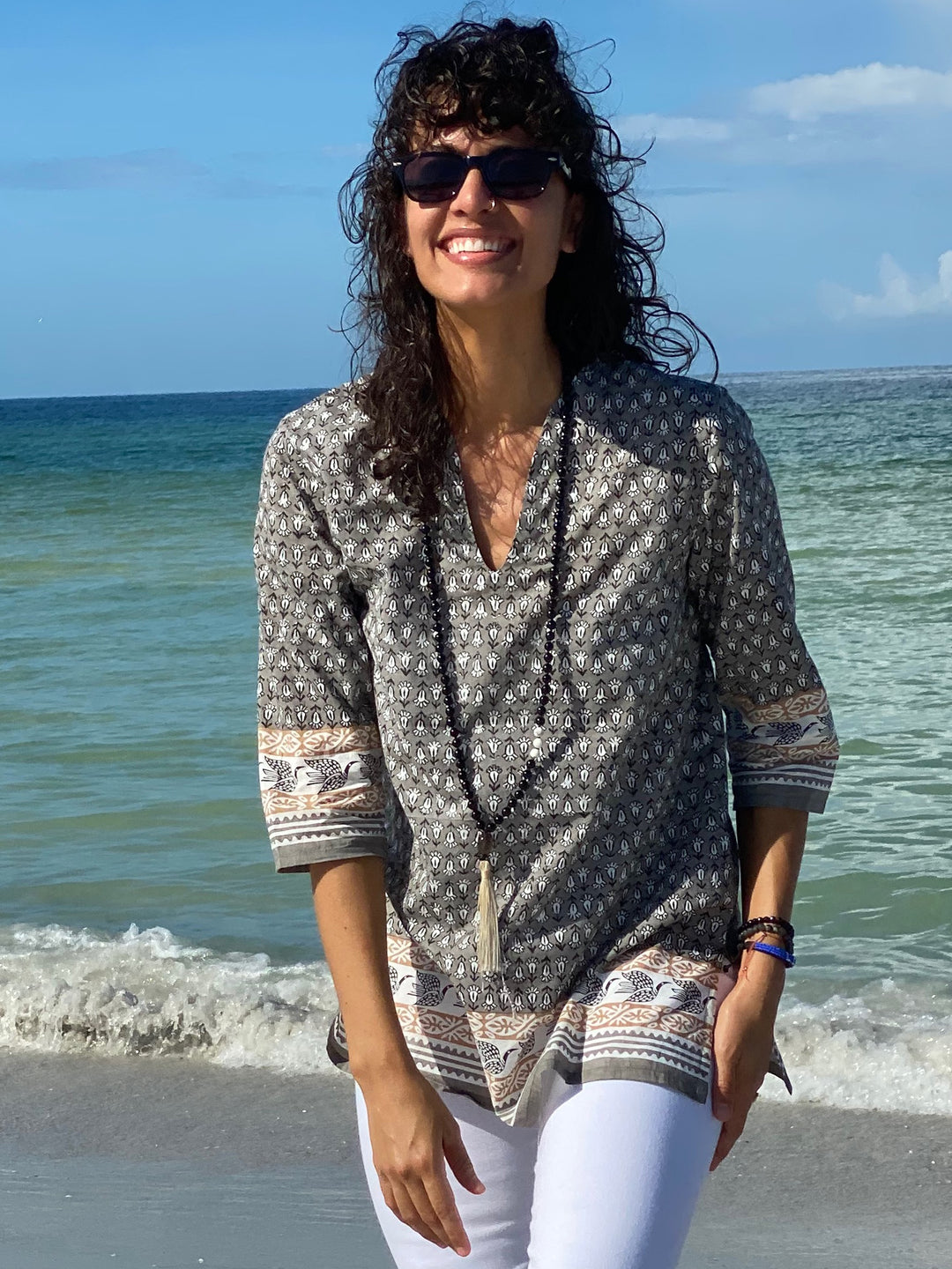 woman in tunic or beach cover up style top with original sigrid olsen print