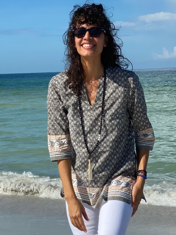 woman in tunic or beach cover up style top with original sigrid olsen print