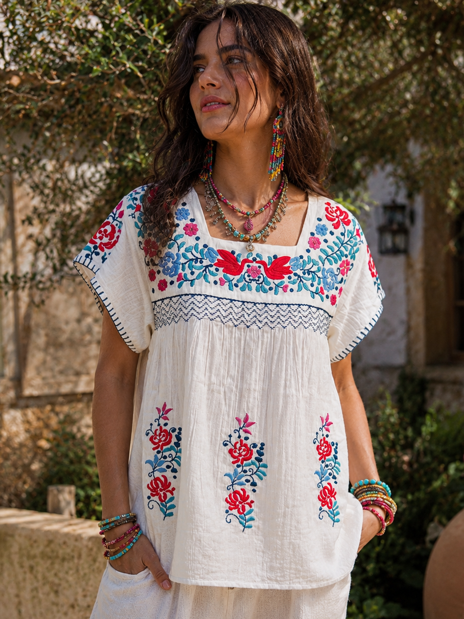 Woman wearing a white embroidered top with colorful floral patterns outdoors.