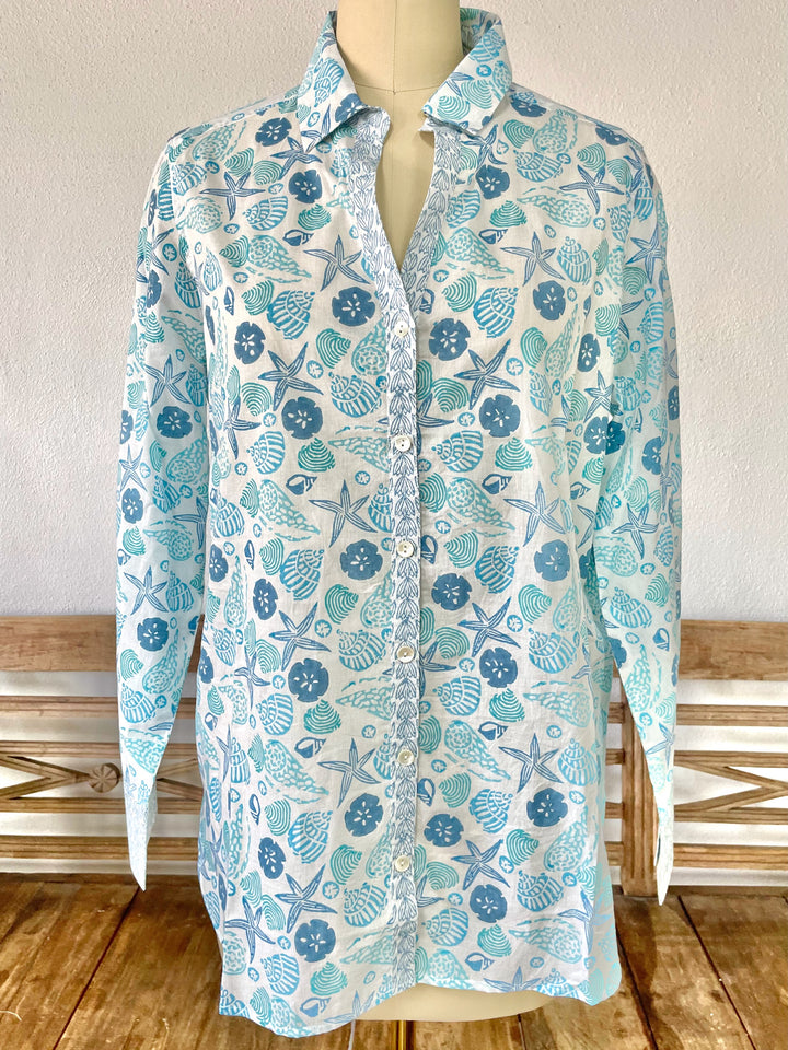 Artisan Shirt | Cotton Top with Shell Beach Print