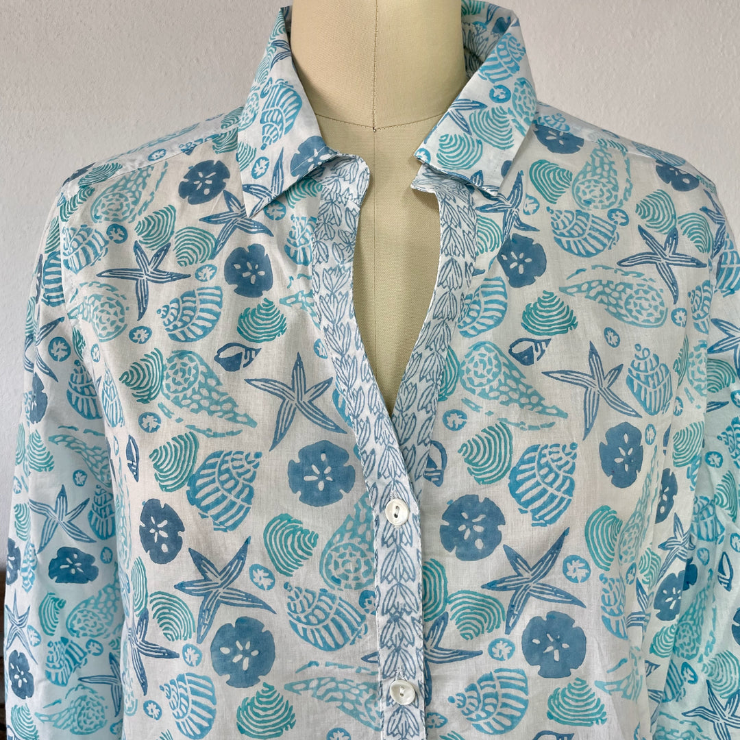 Artisan Shirt | Cotton Top with Shell Beach Print