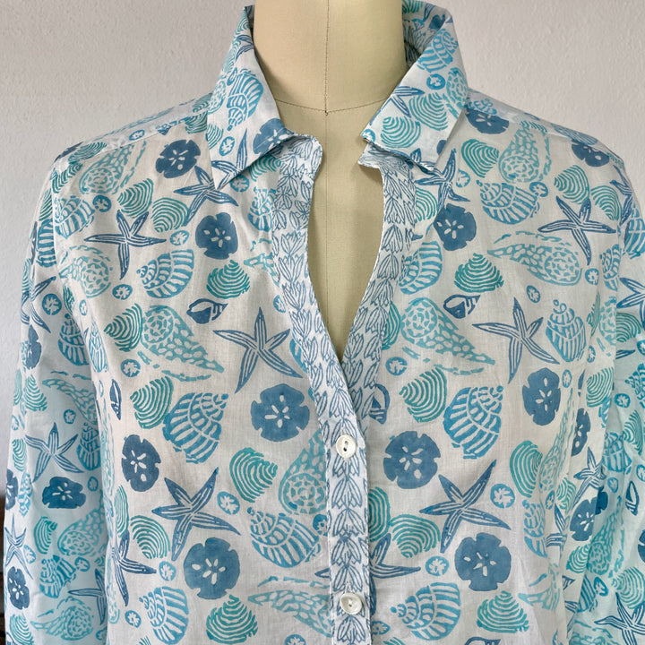 Artisan Shirt | Cotton Top with Shell Beach Print