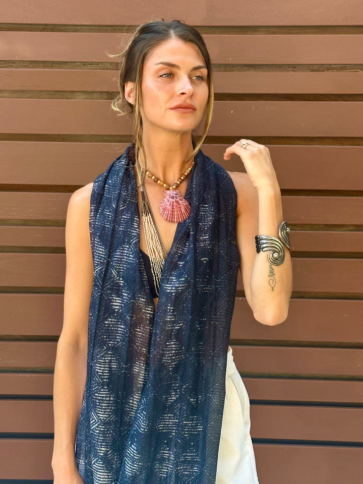 Shibori Scarf in a Bag | Handmade Cotton/Silk Blend Scarf with Tassels