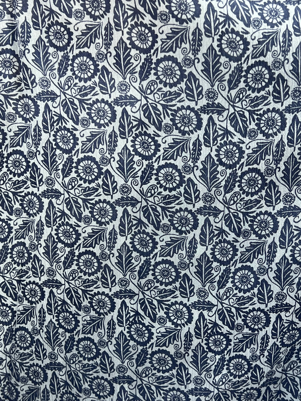 Navy blue floral pattern on a white background