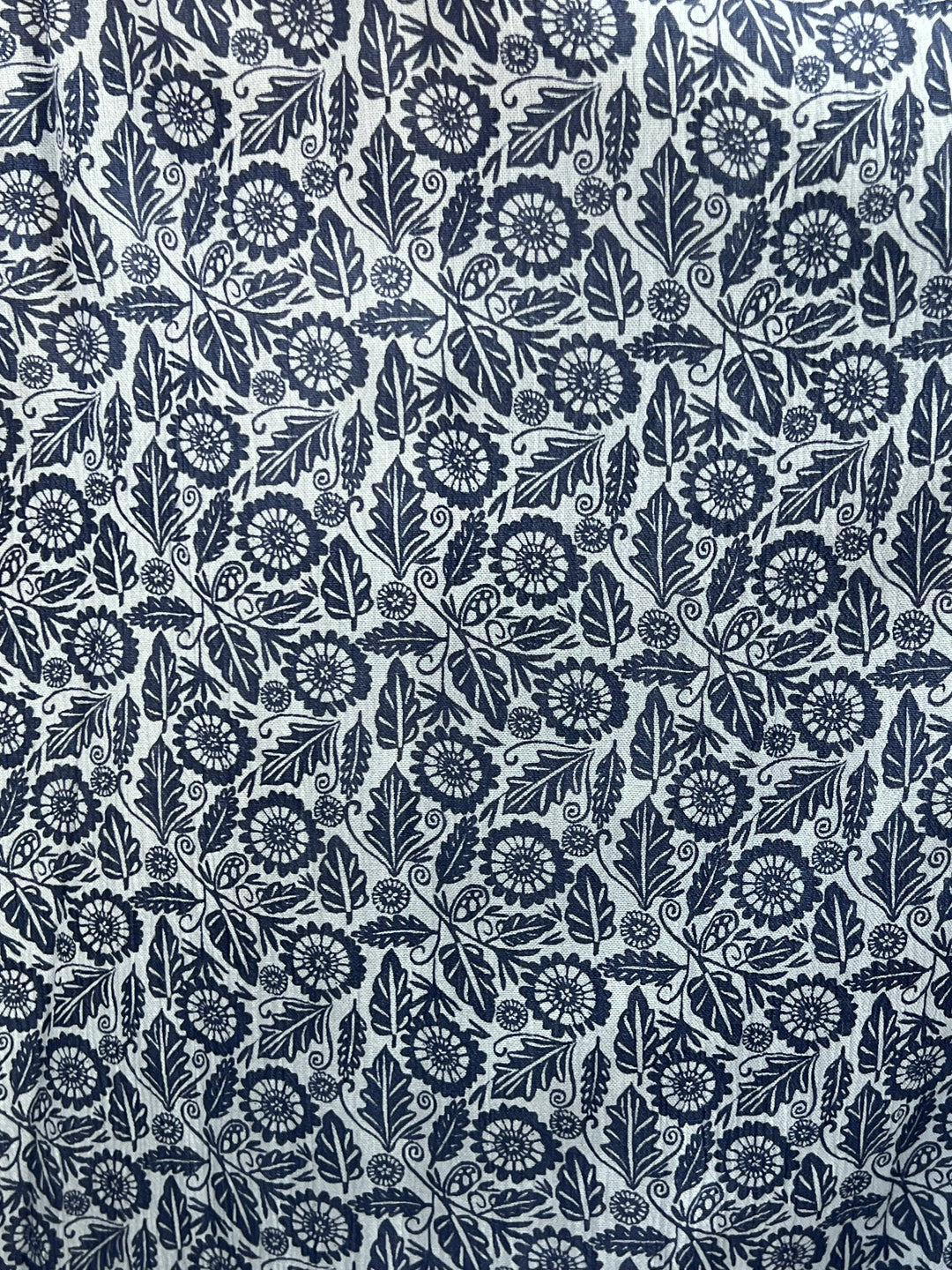 Navy blue floral pattern on a white background
