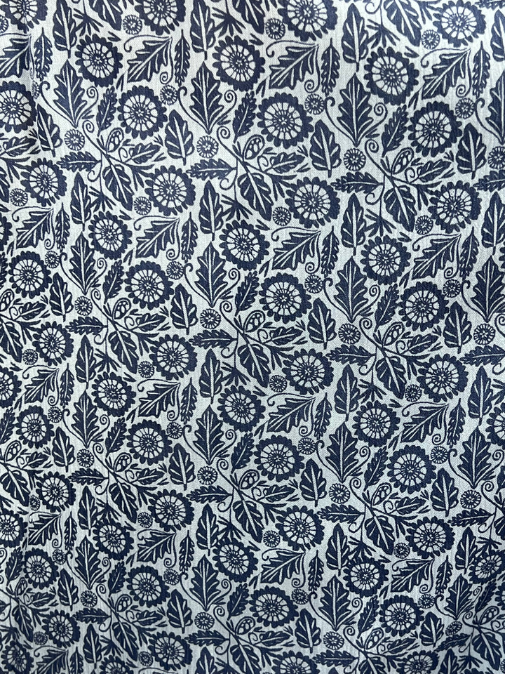 Navy blue floral pattern on a white background