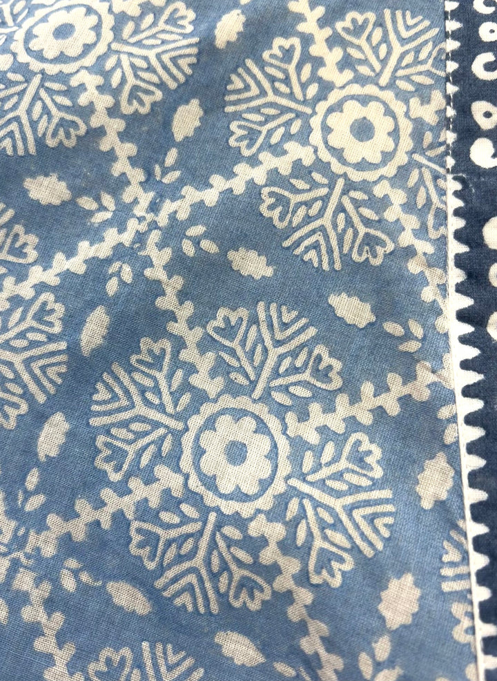Blue fabric with white floral patterns