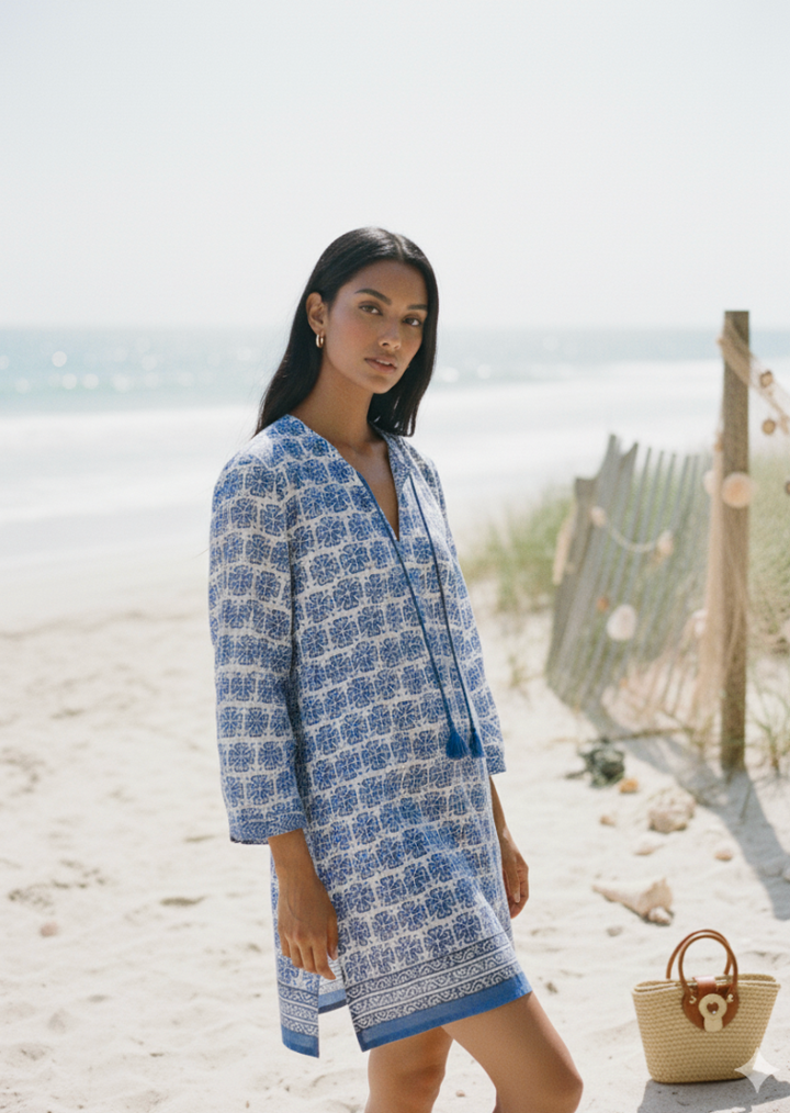 Woman wearing a blue patterned cotton tunic on a beach