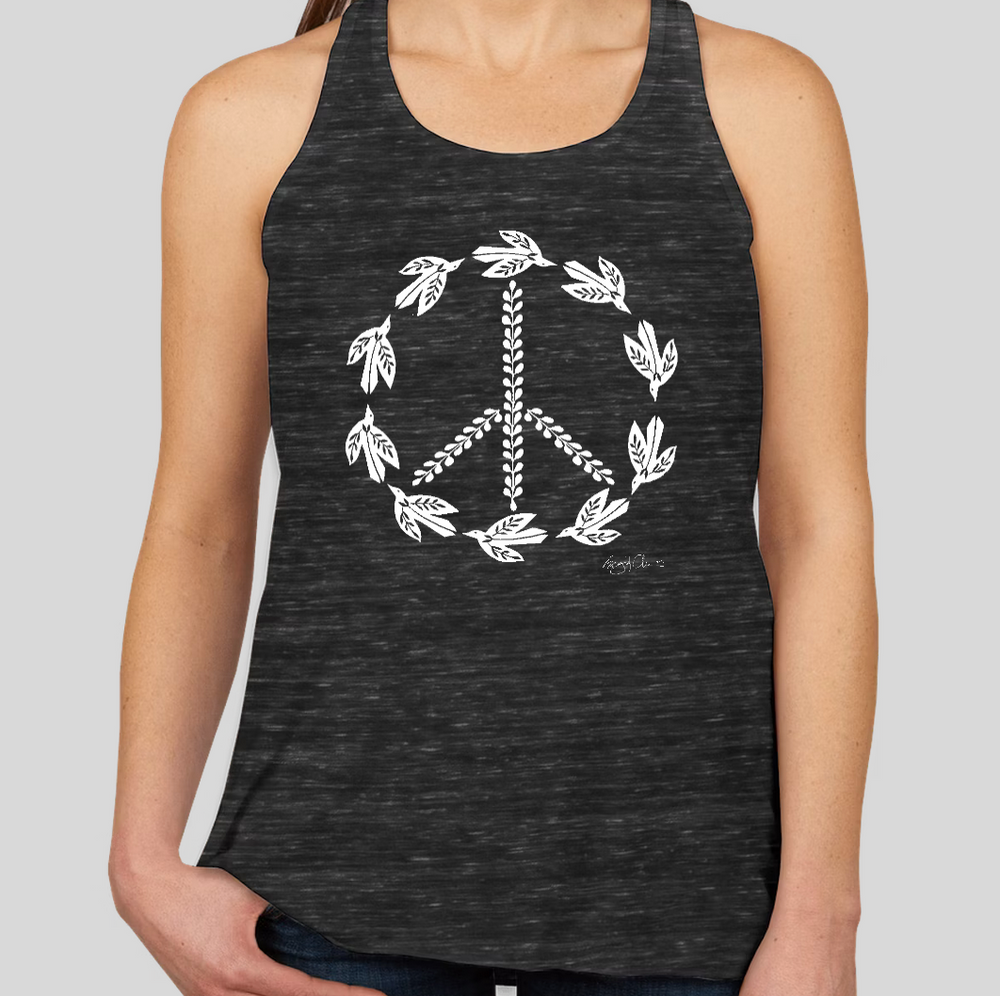 Black tank top with white peace symbol and leaves design on a plain background
