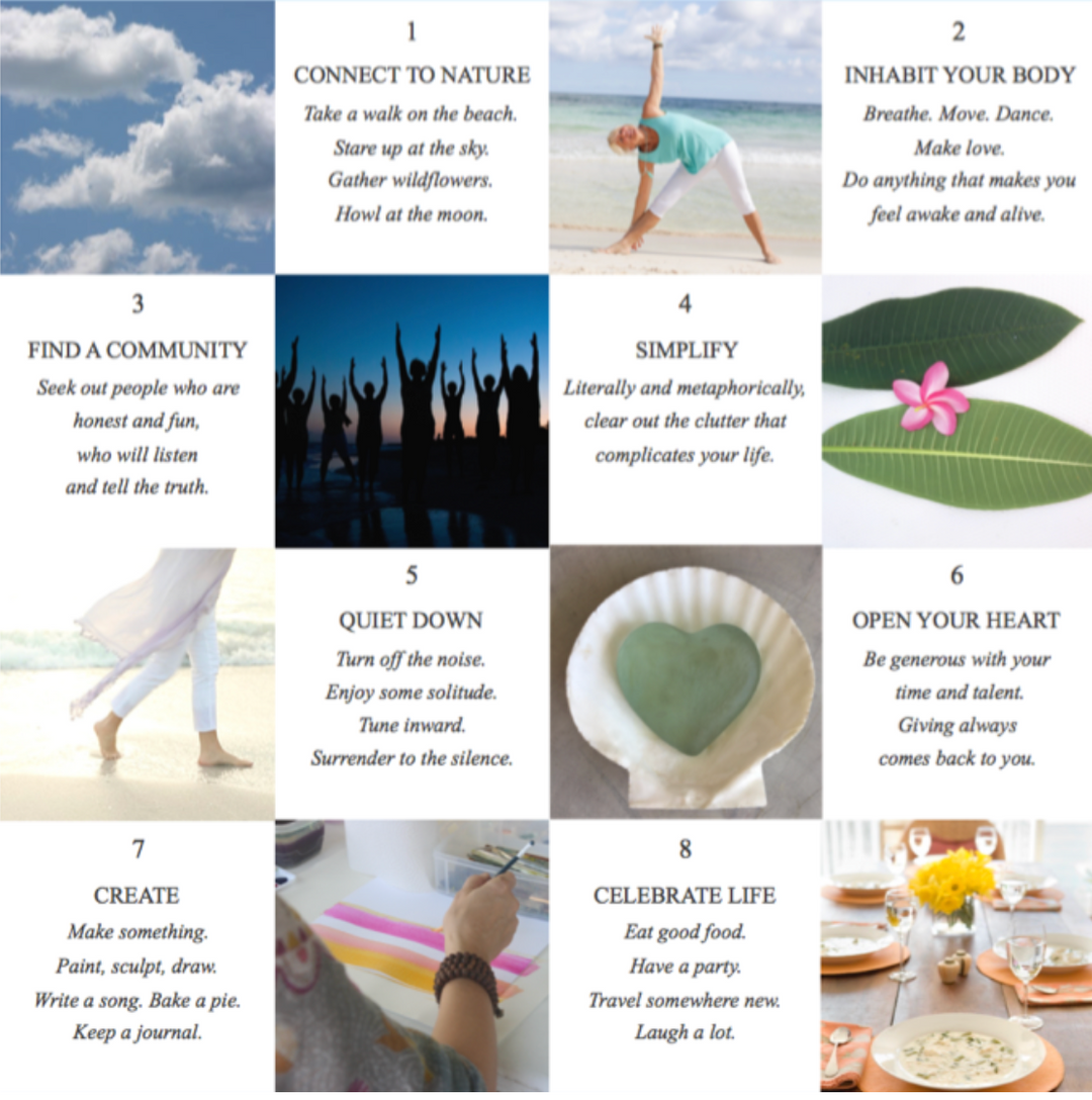Grid of images and text on a white background, featuring activities and practices for personal growth.
