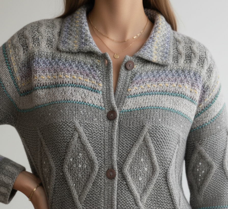 Close-up of a gray knitted cardigan with patterned design on a mannequin against a neutral background.