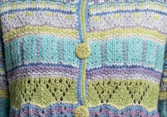 Colorful knitted fabric with a button on a textured background
