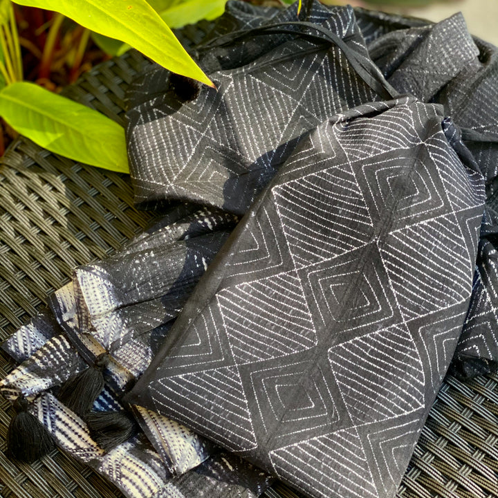 Shibori Scarf in a Bag | Handmade Cotton/Silk Blend Scarf with Tassels