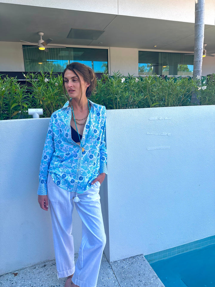 Artisan Shirt | Cotton Top with Shell Beach Print