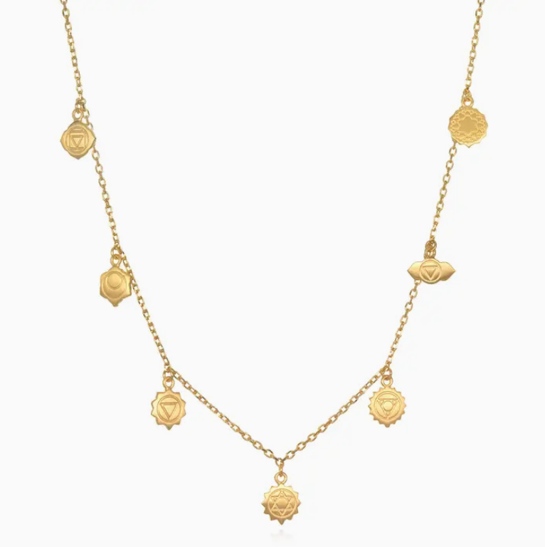 Gold necklace with circular pendants on a white background