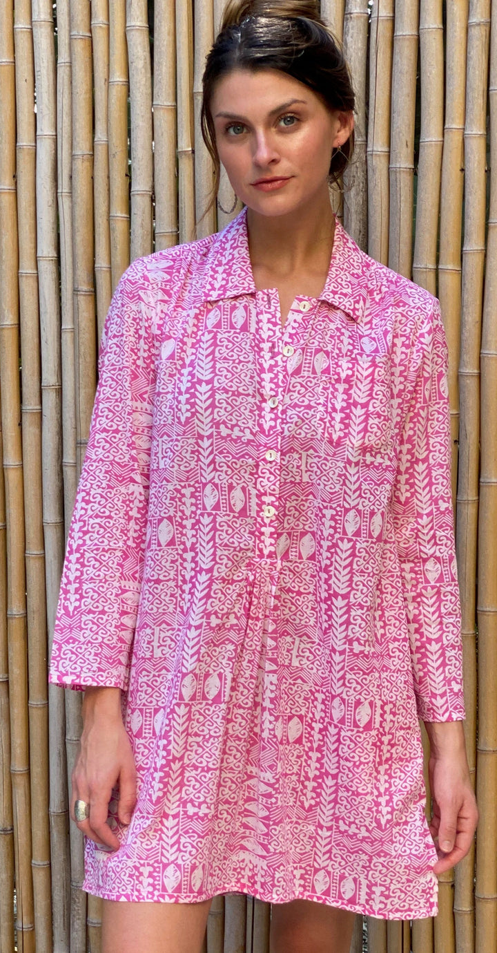 woman in dress or cover up style hand carved printed top 