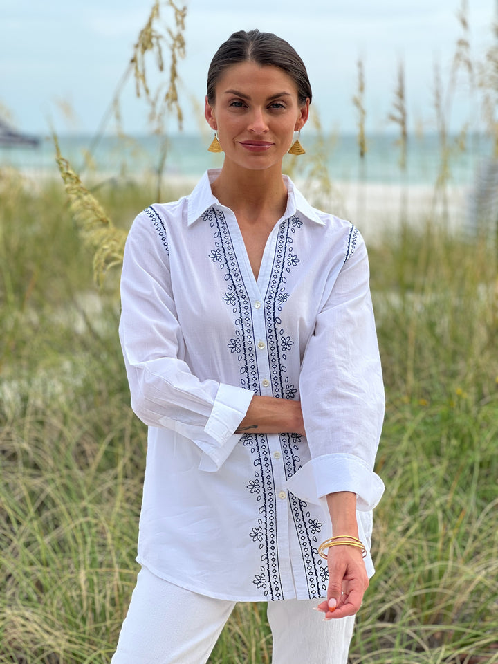 Sierra Shirt | Navy Embroidery & Bistro Birds Detail