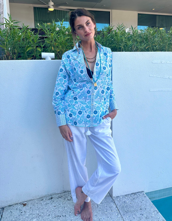 Artisan Shirt | Cotton Top with Shell Beach Print