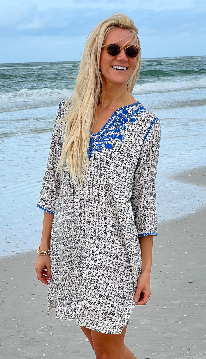 woman in cotton dress with Sigrid Olsen original print
