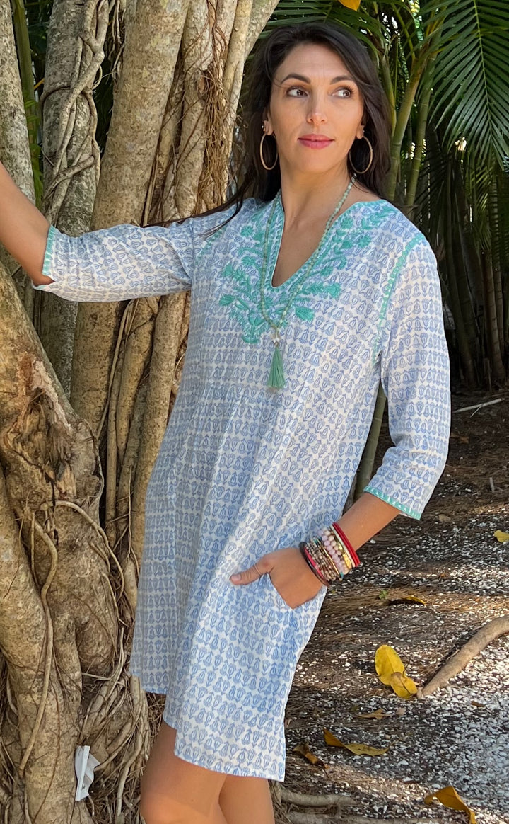 woman in blue cotton dress with Sigrid Olsen original print