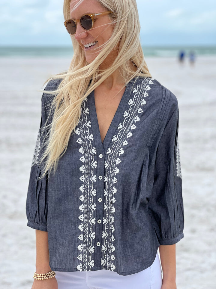 Naomi Chambray Shirt with Embroidery | 100% Cotton