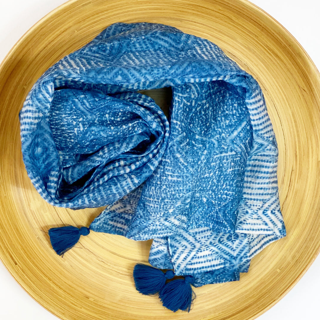 Shibori Scarf in a Bag | Handmade Cotton/Silk Blend Scarf with Tassels